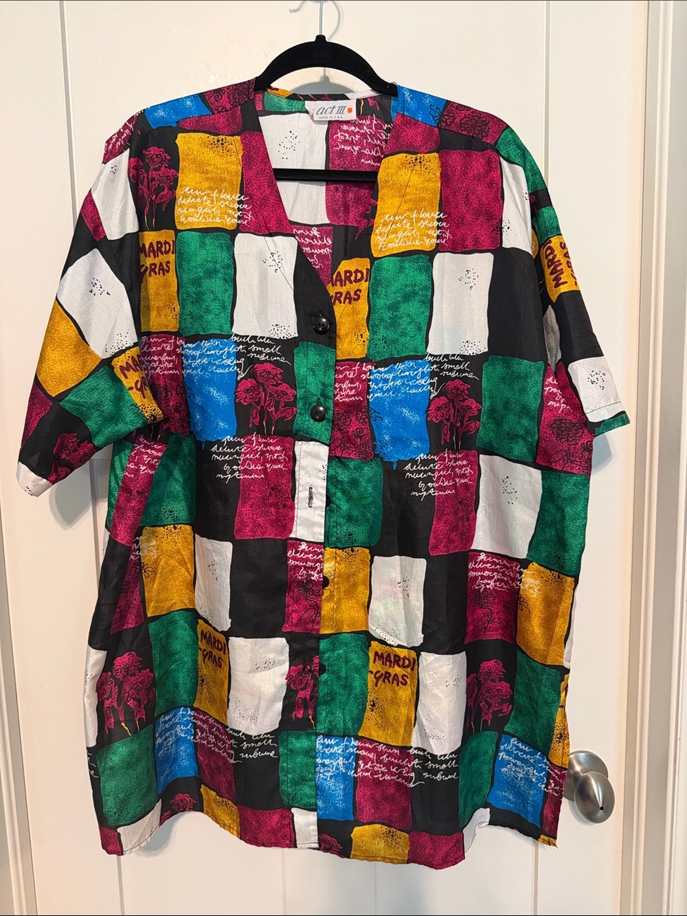 Act III 90s Women’s Multicolor Patchwork Button-Down Shirt - Mardi Gras Print